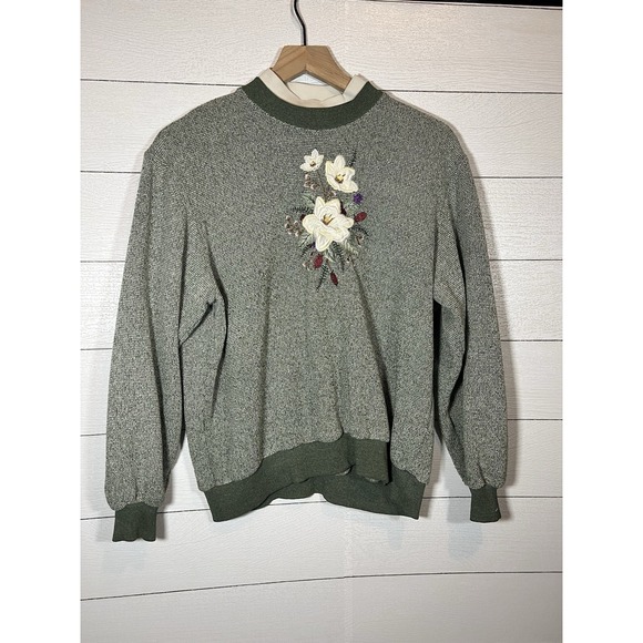 Worth Sweaters - Bon Worth Cottagecore Floral Flower Women's Pullover Sweater Green Vintage XS